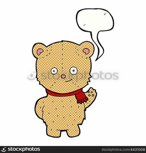 cartoon waving teddy bear with speech bubble