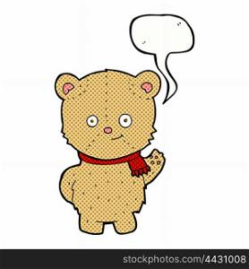 cartoon waving teddy bear with speech bubble
