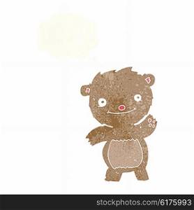 cartoon waving teddy bear with thought bubble