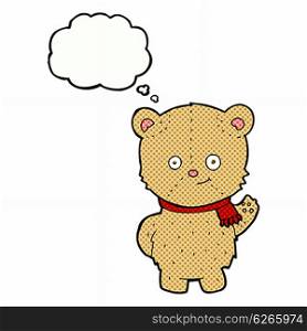 cartoon waving teddy bear with thought bubble