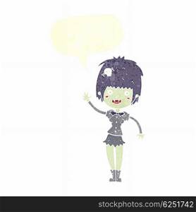 cartoon waving vampire girl with speech bubble