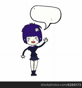 cartoon waving vampire girl with speech bubble