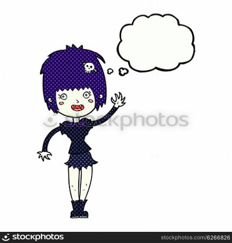 cartoon waving vampire girl with thought bubble