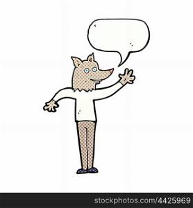 cartoon waving wolf man with speech bubble