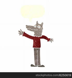 cartoon waving wolf with speech bubble