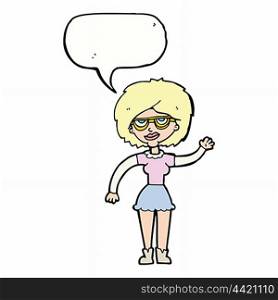 cartoon waving woman wearing spectacles with speech bubble