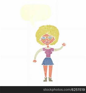 cartoon waving woman wearing spectacles with speech bubble