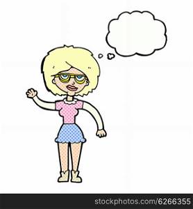 cartoon waving woman wearing spectacles with thought bubble