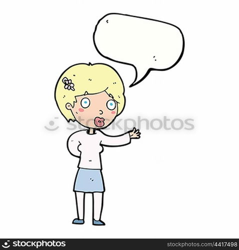 cartoon waving woman with speech bubble