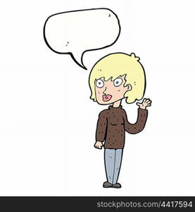 cartoon waving woman with speech bubble