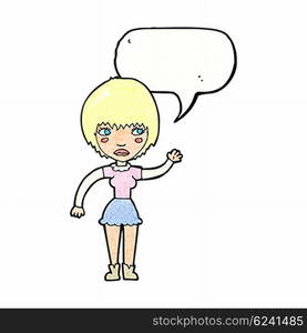 cartoon waving woman with speech bubble