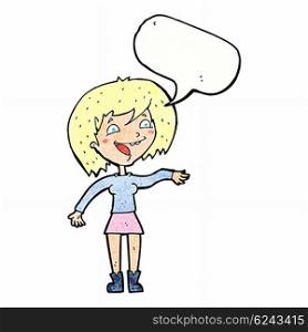 cartoon waving woman with speech bubble