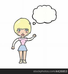 cartoon waving woman with thought bubble