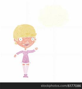 cartoon waving woman with thought bubble