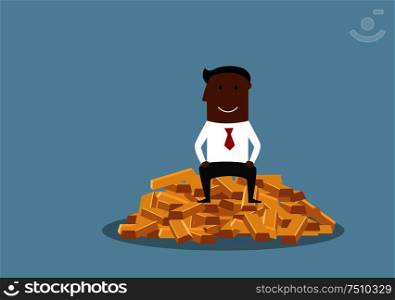 Cartoon wealthy and happy african american businessman with complacent smile sitting on shining gold bars. Wealth, richness, abundance or success concept design usage. Wealthy and happy businessman sitting on gold bars