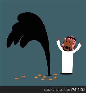 Cartoon wealthy and lucky arabian businessman standing near an oil gusher and celebrating successful discovery of oil well. Success, wealth or oil industry theme design. Wealthy arabian businessman with oil gusher