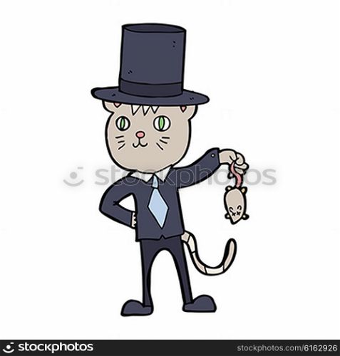 cartoon wealthy cat dangling a dead mouse