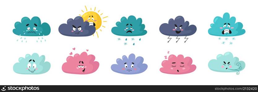 Cartoon weather clouds. Cute character, cloud emotions. Isolated angry, joyful sad faces. Baby shower design, snowy or rainy icons, classy vector set. Illustration of cloud sky forecast smile. Cartoon weather clouds. Cute character, cloud emotions. Isolated angry, joyful sad faces. Baby shower design, snowy or rainy icons, classy vector set