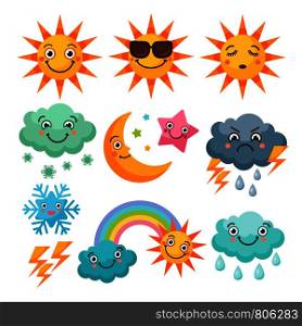 Cartoon weather icons set. Funny pictures isolate on white background. Illustration of weather sunny and cloud, thunder and rainbow vector. Cartoon weather icons set. Funny pictures isolate on white background