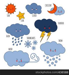 Cartoon weather kids vocabulary vector icons. Weather drawing sun and cloud, rain and storm, cloudy and thunder illustration. Cartoon weather kids vocabulary vector icons