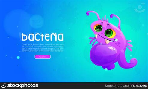 Cartoon web banner with cute bacteria or pathogen cell character. Funny virus, microbe, smiling micro organism, purple germ with antennas and fangs, allergy kids medical personage Vector illustration. Cartoon web banner with cute bacteria or pathogen