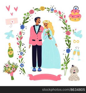 Cartoon wedding elements. Happy characters. Romantic couple in ceremonial outfits. Marriage celebration objects or accessories. Flower bouquets. Festive sweet cake. Engagement rings. Garish vector set. Cartoon wedding elements. Romantic couple characters in ceremonial outfits. Marriage celebration objects or accessories. Flower bouquets. Festive cake. Engagement rings. Garish vector set