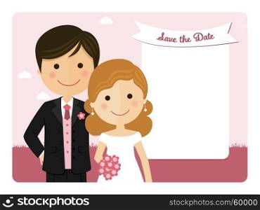 Cartoon wedding invitation with a pink sky