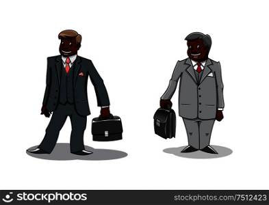 Cartoon well dressed dark-skinned businessmen carrying briefcases. For office team theme design. Cartoon happy businessmen with briefcases