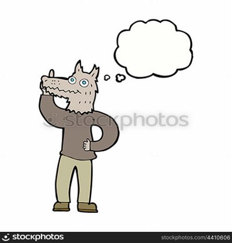 cartoon werewolf with idea with thought bubble