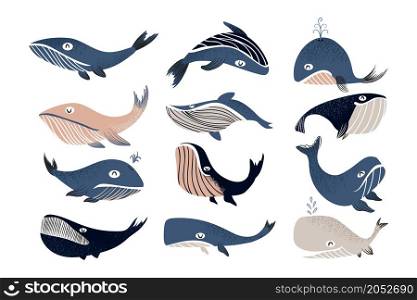 Cartoon whale. Cute marine mammal characters. Blue ocean animal for children illustration. Funny sea cachalot. Isolated swimming humpback with water fountain. Vector underwater fauna elements set. Cartoon whale. Cute marine mammal characters. Blue ocean animal for children illustration. Sea cachalot. Swimming humpback with water fountain. Vector underwater fauna elements set