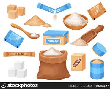 Cartoon white and brown sugar in cubes, bag, bowl and spoon. Salt and sweet cooking ingredient in packages. Granulated cane sugar vector set, Sack with product heaps, stick for drink. Cartoon white and brown sugar in cubes, bag, bowl and spoon. Salt and sweet cooking ingredient in packages. Granulated cane sugar vector set