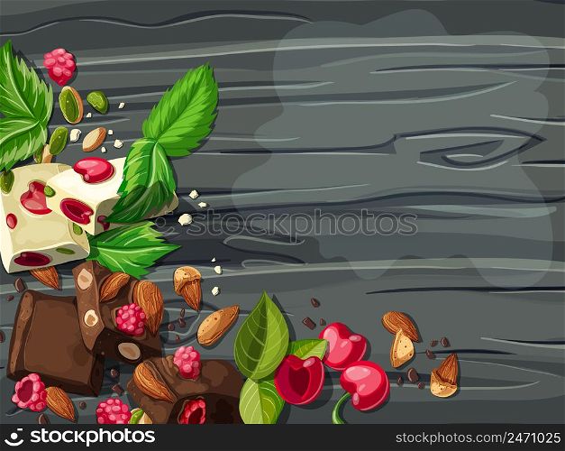 Cartoon white and milk chocolate template with nuts and berries ingredients on wooden background vector illustration. Cartoon White And Milk Chocolate Template