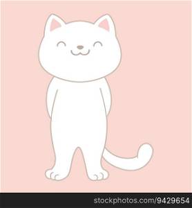 Cartoon white cat posing on pastel pink background. Cute childish style. Vector illustration