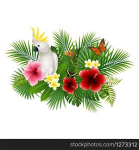 Cartoon white parrot and butterfly with flowers and leaves background
