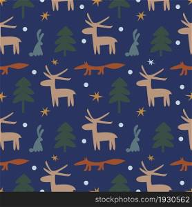 Cartoon white silhouettes of animals, trees and stars on a blue background. Seamless pattern. Vector illustration.
