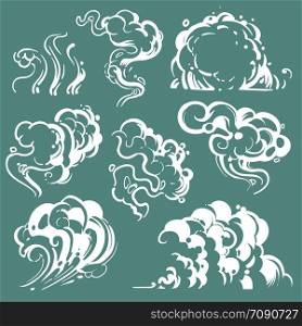 Cartoon white smoke and dust clouds. Comic vector steam isolated. Line cartoon cloud dust and fog, effect bubble air illustration. Cartoon white smoke and dust clouds. Comic vector steam isolated