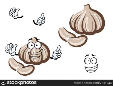 Cartoon whole and piece fresh garlic bulb vegetable with a cute face, isolated on white. Cartoon fresh garlic bulb vegetable