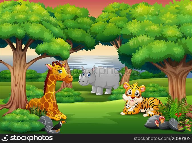 Cartoon wild animal enjoying in the jungle