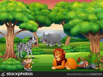 Cartoon wild animal enjoying in the jungle