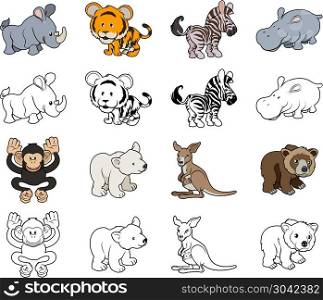 Cartoon Wild Animal Illustrations. A set of cartoon wild animal illustrations. Color and black an white outline versions.. Cartoon Wild Animal Illustrations