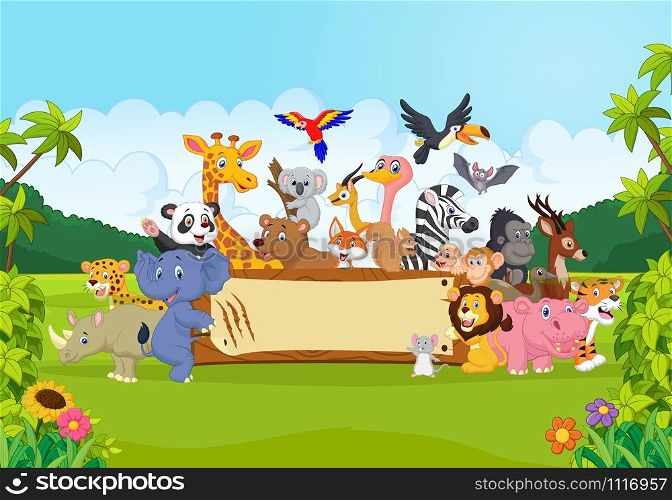 Cartoon wild animals holding banner