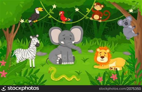 Cartoon wild animals in jungle forest, tropical animal habitat. Cute lion, snake, toucan, monkey, elephant, rainforest vector illustration. Wildlife with greenery and fauna characters. Cartoon wild animals in jungle forest, tropical animal habitat. Cute lion, snake, toucan, monkey, elephant, rainforest vector illustration