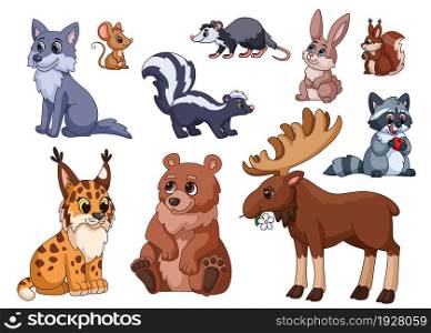 Cartoon wild cute animals. Wildlife, animals isolated clipart. Wild bear, forest bunny, deer. Childish forest dwellers garish vector characters. Illustration of woodland mammal, squirrel and hare. Cartoon wild cute animals. Wildlife, animals isolated clipart. Wild bear, forest bunny, deer. Childish cuteness forest dwellers garish vector characters