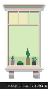 Cartoon window. Cute wooden frame with flowerpots isolated on white background. Cartoon window. Cute wooden frame with flowerpots