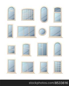 Cartoon windows. Modern home and office interior elements, round and square exterior facade architectural objects with frames. Vector isolated set. Outside apartment window with reflection. Cartoon windows. Modern home and office interior elements, round and square exterior facade architectural objects with frames. Vector isolated set