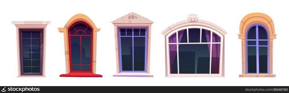 Cartoon windows set, vintage glasses with stone frames, windowsill and curtains inside, retro style arched and rectangular palace or castle exterior design elements isolated vector illustration, icons. Cartoon windows set, glasses with stone frames