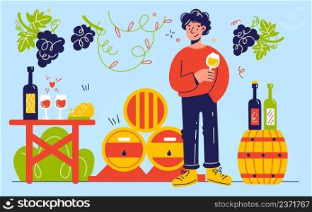Cartoon wine composition. Funny winemaker male character with drink glass, oak barrels and vine with grapes bunches, wine glasses with beverage and cheese on table, sommelier vector isolated concept. Cartoon wine composition. Funny winemaker male character with drink glass, oak barrels and vine with grapes bunches, wine glasses with beverage and cheese on table, sommelier vector concept