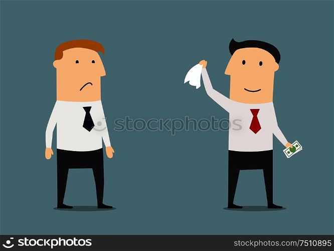 Cartoon winner businessman leaving his competitor without any money. The winner gets everything concept