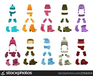 Cartoon winter accessories. Colorful girl warm clothes, isolated kid hat and scarf. Mittens and boots, outfit vector elements. Illustration of winter clothing accessory, clothes scarf and cap. Cartoon winter accessories. Colorful girl warm clothes, isolated kid hat and scarf. Mittens and boots, fashion seasonal outfit recent vector elements
