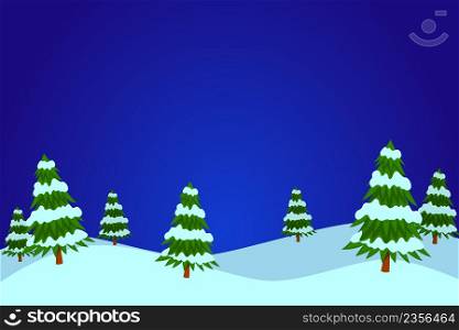 Cartoon winter background with pine trees. Christmas theme. Design element for poster, card, banner, flyer. Vector illustration